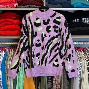 Anniewear purple/black/lime print long sleeve mock neck oversized sweater S NWT